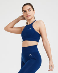 Effortless Seamless High Neck Bralette with White Logo | Midnight