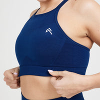 Effortless Seamless High Neck Bralette with White Logo | Midnight