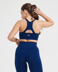 Effortless Seamless High Neck Bralette with White Logo | Midnight