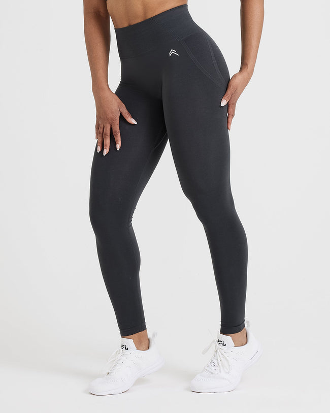 Effortless Seamless Leggings with White Logo | Coal