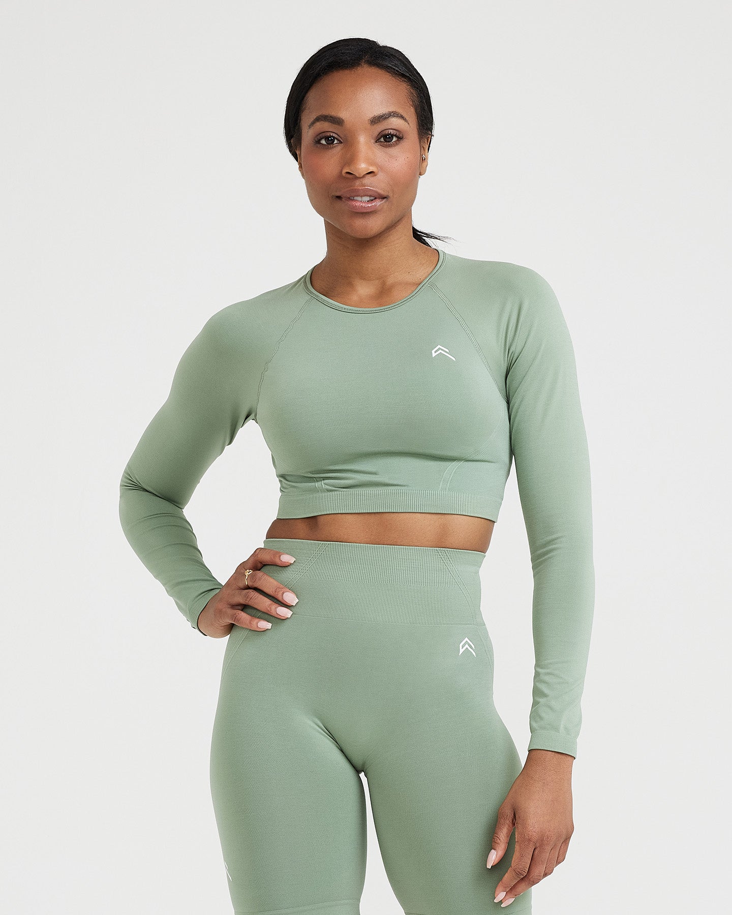 Effortless Seamless Long Sleeve Crop Top with White Logo | Sage