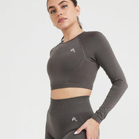 Effortless Seamless Long Sleeve Crop Top with White Logo | Deep Taupe