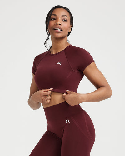 Effortless Seamless Short Sleeve Crop Top with White Logo | Rosewood