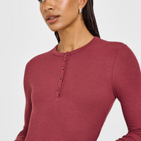 At Home Night Button Down Long Sleeve Top | Burnt Maroon Red