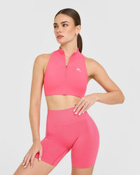 EasyLift™ Zip High Neck Sports Bra with White Logo | Hot Girl Pink