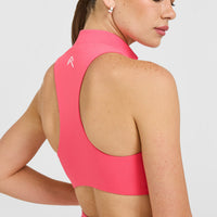 EasyLift™ Zip High Neck Sports Bra with White Logo | Hot Girl Pink