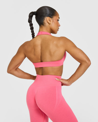 EffortlessLift™ Seamless Halter Neck Sports Bra with White Logo | Hot Girl Pink