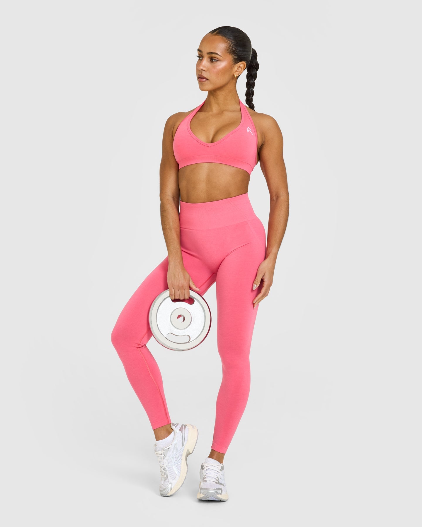 EffortlessLift™ Seamless Halter Neck Sports Bra with White Logo | Hot Girl Pink