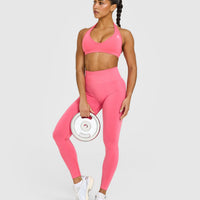 EffortlessLift™ Seamless Halter Neck Sports Bra with White Logo | Hot Girl Pink