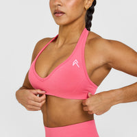 EffortlessLift™ Seamless Halter Neck Sports Bra with White Logo | Hot Girl Pink