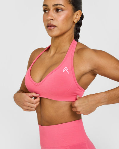 EffortlessLift™ Seamless Halter Neck Sports Bra with White Logo | Hot Girl Pink