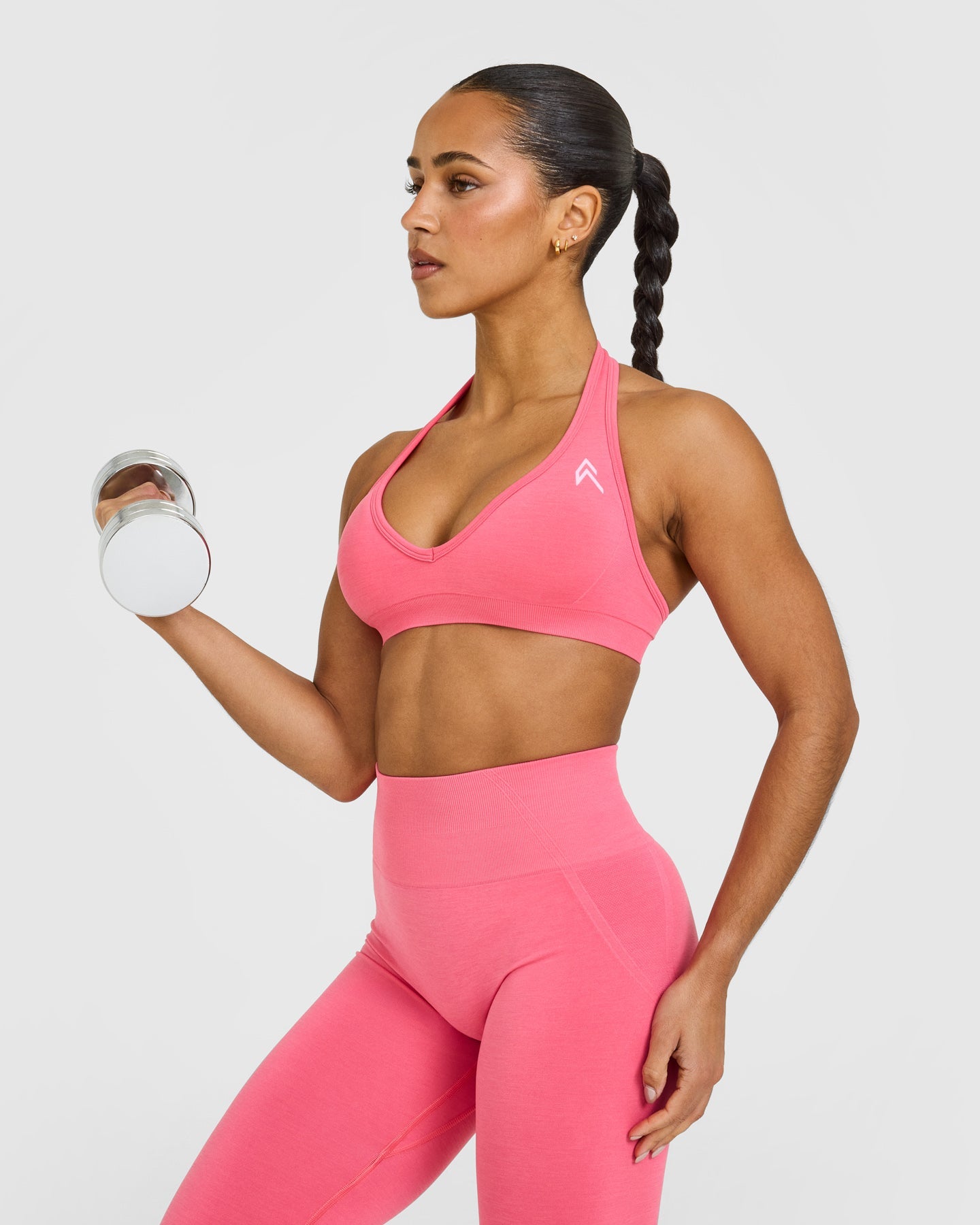 EffortlessLift™ Seamless Halter Neck Sports Bra with White Logo | Hot Girl Pink