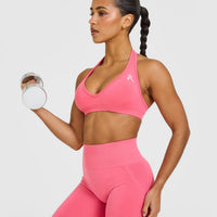 EffortlessLift™ Seamless Halter Neck Sports Bra with White Logo | Hot Girl Pink