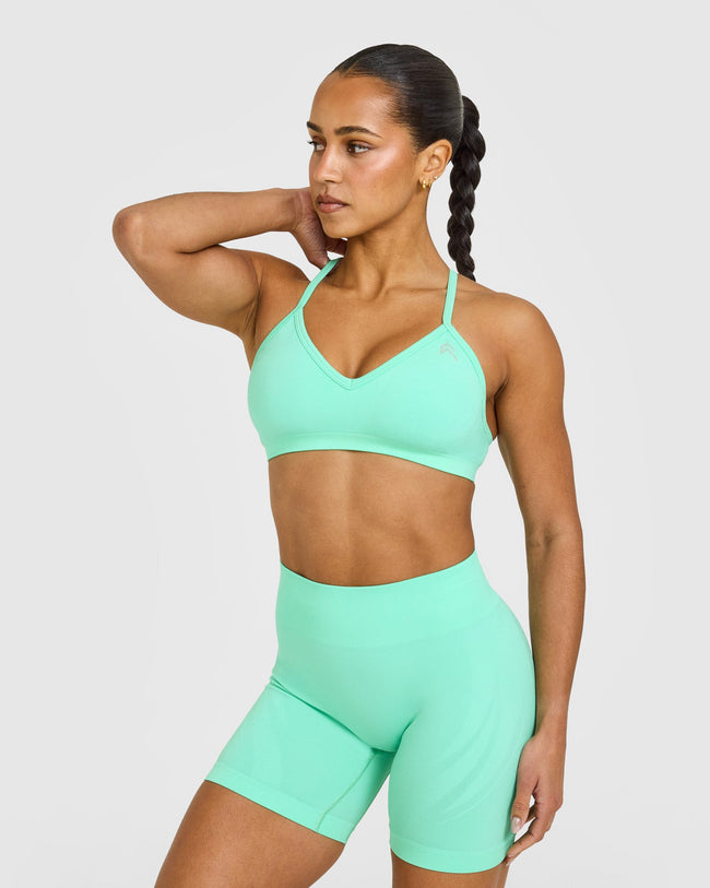 EnhanceLift™ Seamless Strappy Sports Bra with White Logo | Peppermint Green