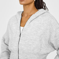 Oversized Knit Zip Through Mid Hoodie | Light Grey Marl