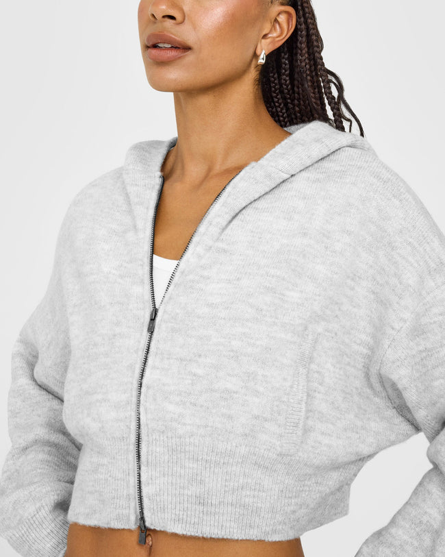 Oversized Knit Zip Through Mid Hoodie | Light Grey Marl