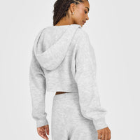 Oversized Knit Zip Through Mid Hoodie | Light Grey Marl