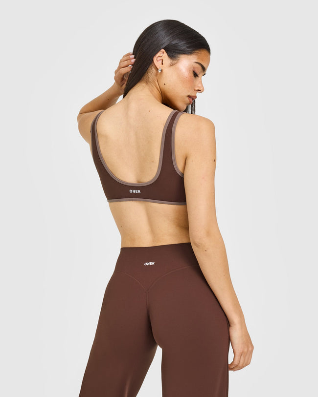 SoftMotion™ Contrast Scoop Back Bralette with White Logo | Espresso Brown