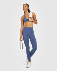 SoftMotion™ High Waisted Leggings with White Logo | Slate Blue