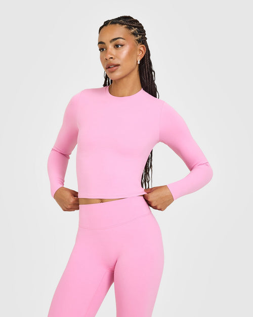 SoftMotion™ Long Sleeve Mid Top with White Logo | Rose Pink