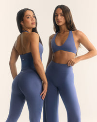 SoftMotion™ Minimal Halter Neck Bralette with White Logo | Slate Blue