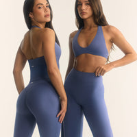 SoftMotion™ Minimal Halter Neck Bralette with White Logo | Slate Blue