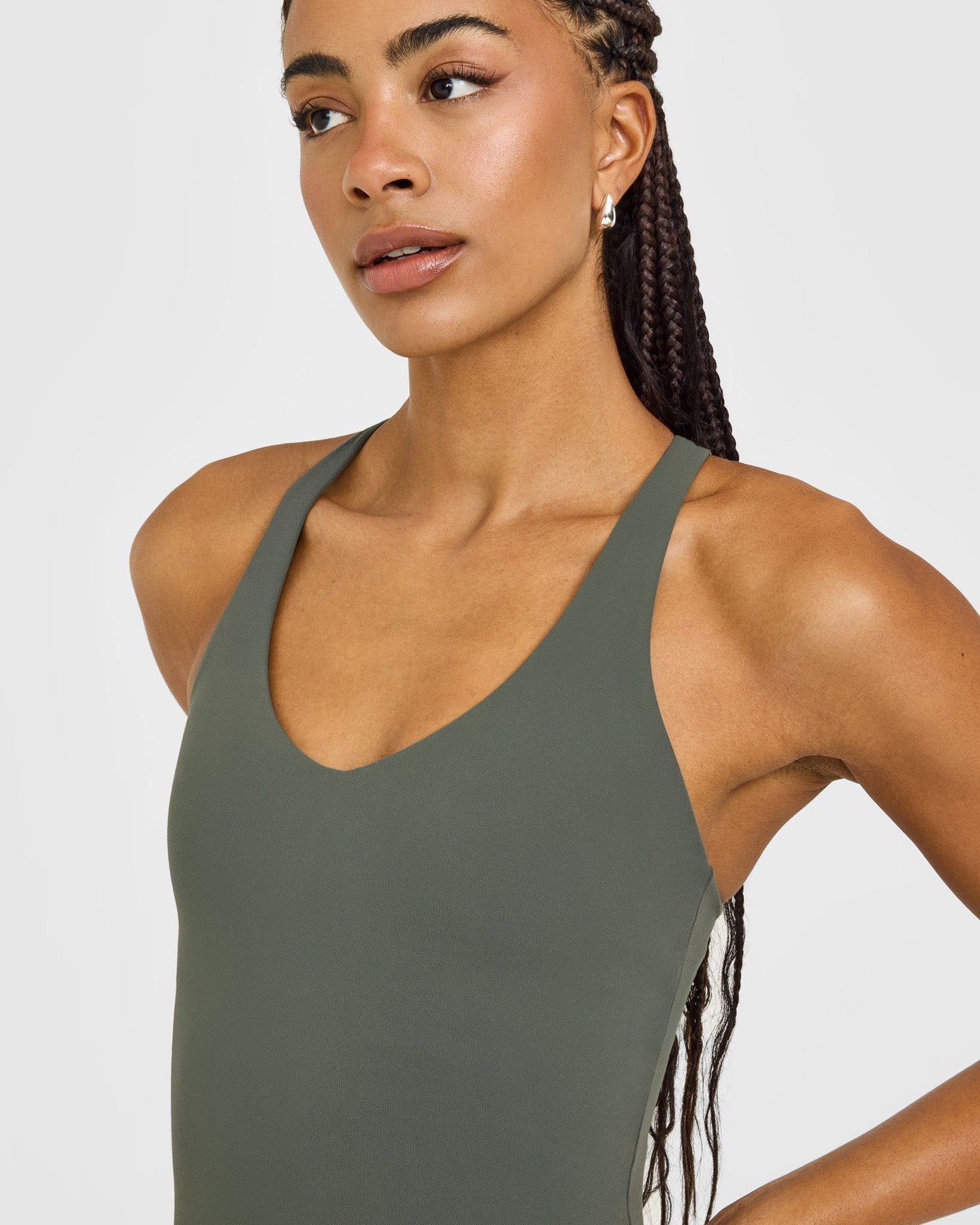 SoftMotion™ Racer Back Vest with Built in Bra Shelf with White Logo | Dark Khaki