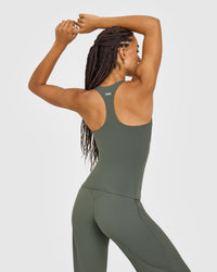 SoftMotion™ Racer Back Vest with Built in Bra Shelf with White Logo | Dark Khaki