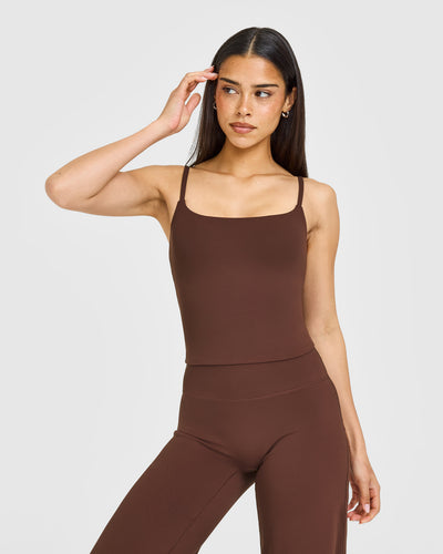 SoftMotion™ Strappy Mid Vest with Built in Bra Shelf with White Logo | Espresso Brown