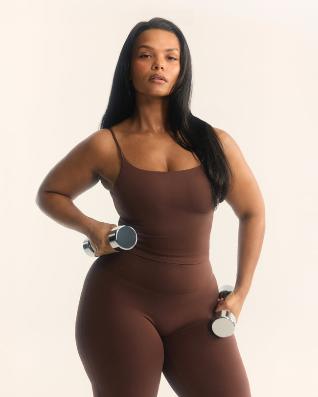 SoftMotion™ Strappy Mid Vest with Built in Bra Shelf with White Logo | Espresso Brown