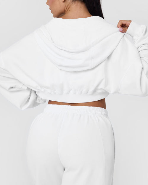 Raw Lounge Crop Zip Through Hoodie with Graphic | White