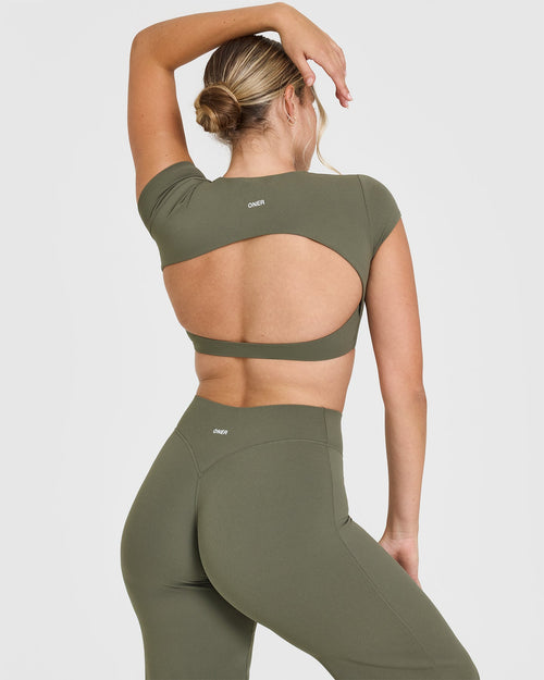 SoftMotion™ Short Sleeve Crop Top with White Logo | Alpine Green