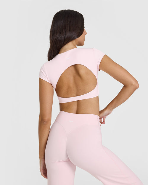 SoftMotion™ Short Sleeve Crop Top with White Logo | Ballet Pink