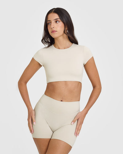 SoftMotionβ’ Short Sleeve Crop Top Sand