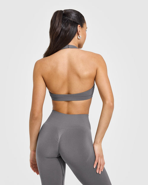 EasyLift™ Halter Bralette with White Logo | Ash Grey