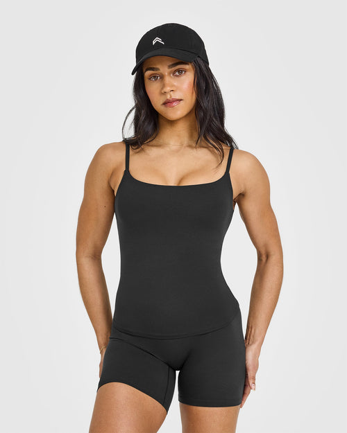 Oner Modal SoftMotion™ Strappy Vest with Built in Bra Shelf with White Logo | Soft Black