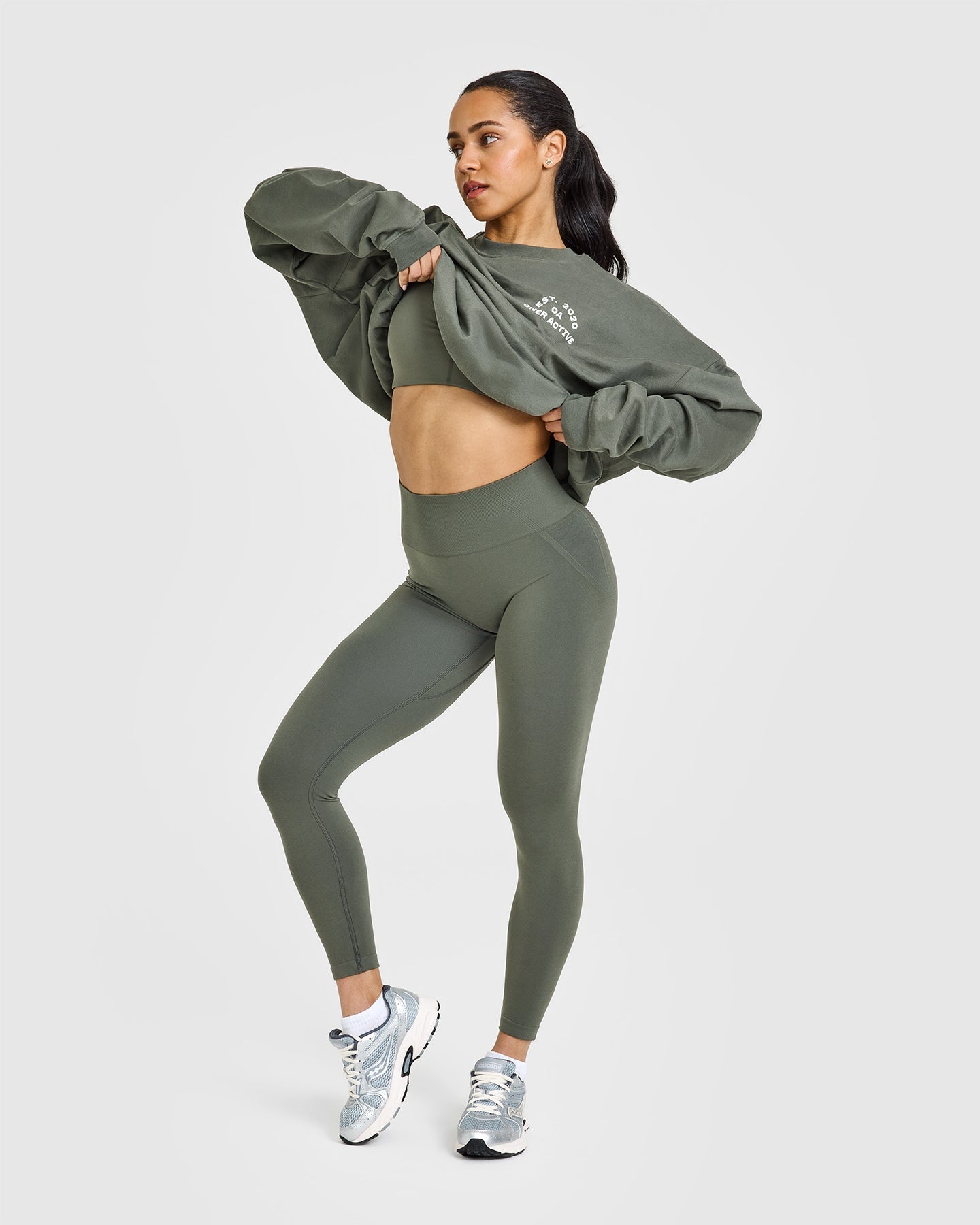 EffortlessLift™ Seamless Leggings with White Logo | Dark Khaki