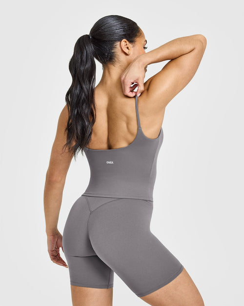 SoftMotion™ Strappy Mid Vest with Built in Bra Shelf with White Logo | Ash Grey