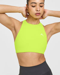 EasyLift™ High Neck Sports Bra with White Logo | Charged Lime Green