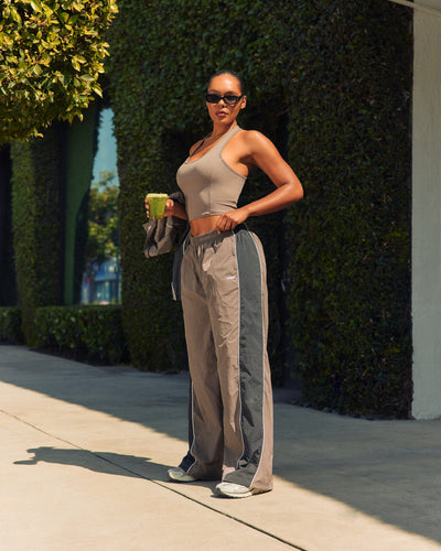 Oversized Piped Woven Straight Leg Track Bottoms | Moss Brown