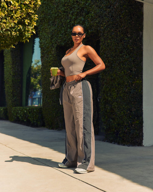 Oversized Piped Woven Straight Leg Track Bottoms | Moss Brown