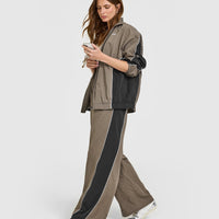 Oversized Piped Woven Straight Leg Track Bottoms | Moss Brown