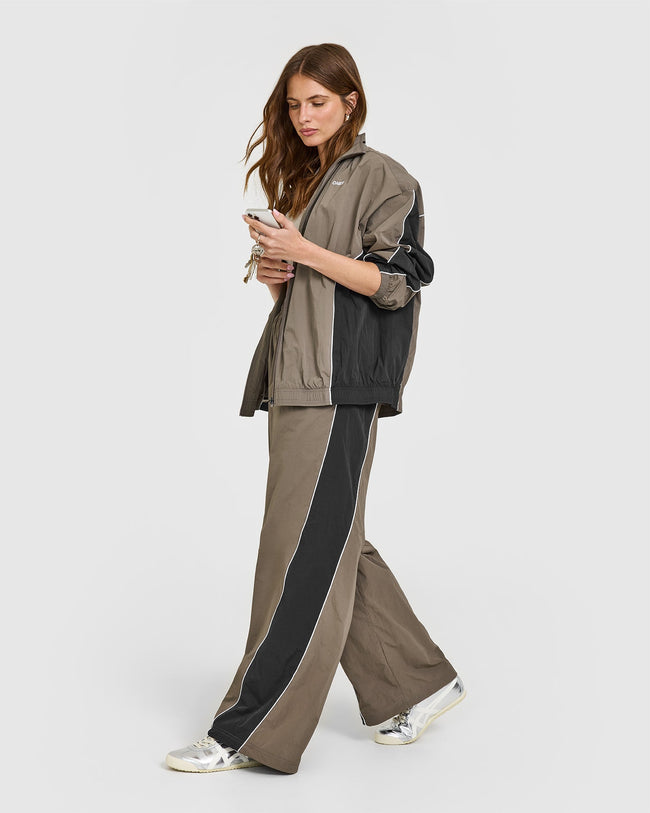 Oversized Piped Woven Straight Leg Track Bottoms | Moss Brown
