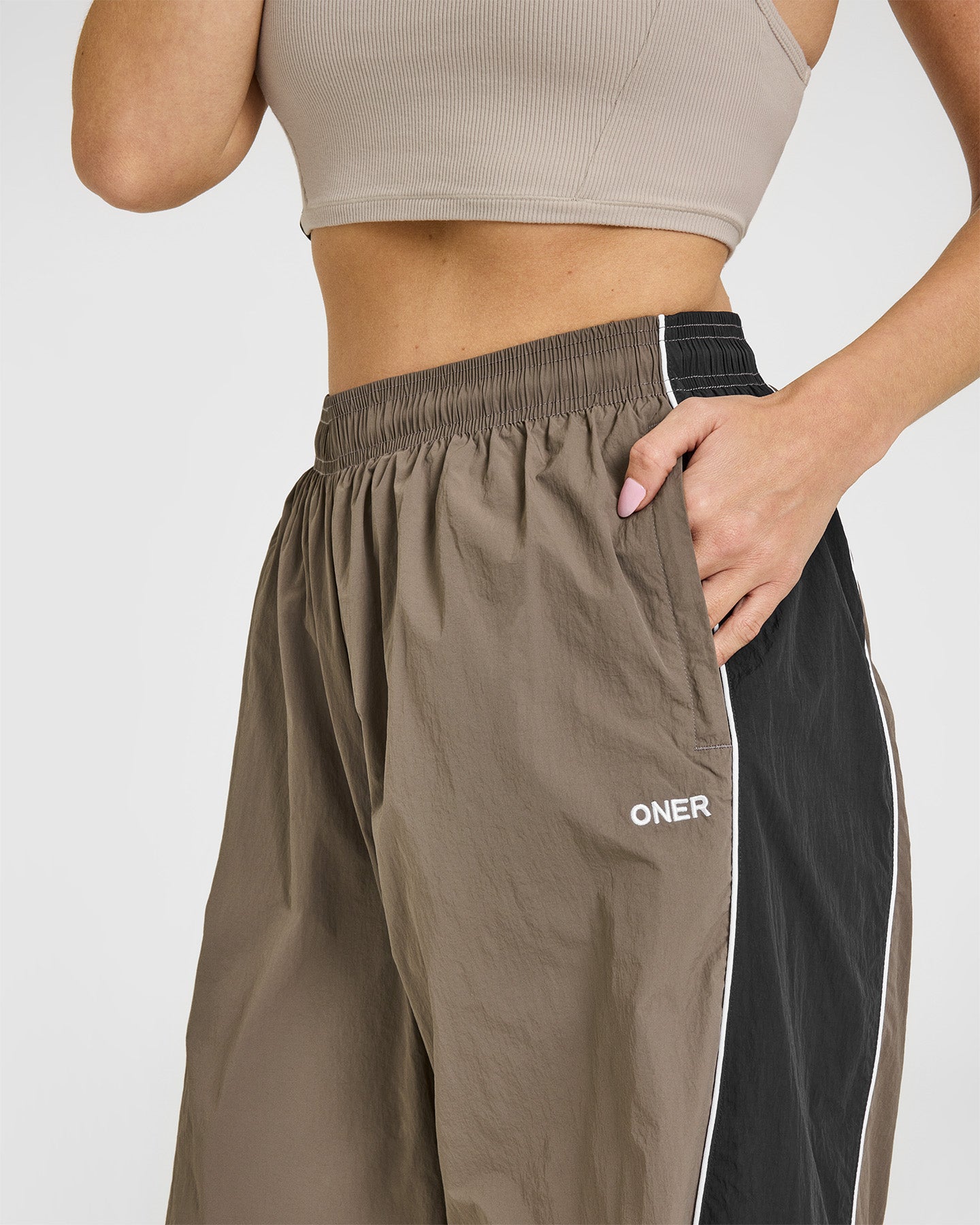 Oversized Piped Woven Straight Leg Track Bottoms | Moss Brown