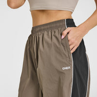 Oversized Piped Woven Straight Leg Track Bottoms | Moss Brown