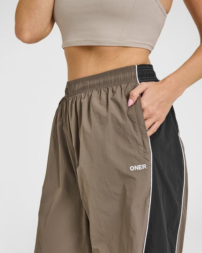 Oversized Piped Woven Straight Leg Track Bottoms | Moss Brown