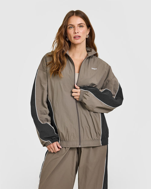 Oversized Piped Woven Track Jacket | Moss Brown