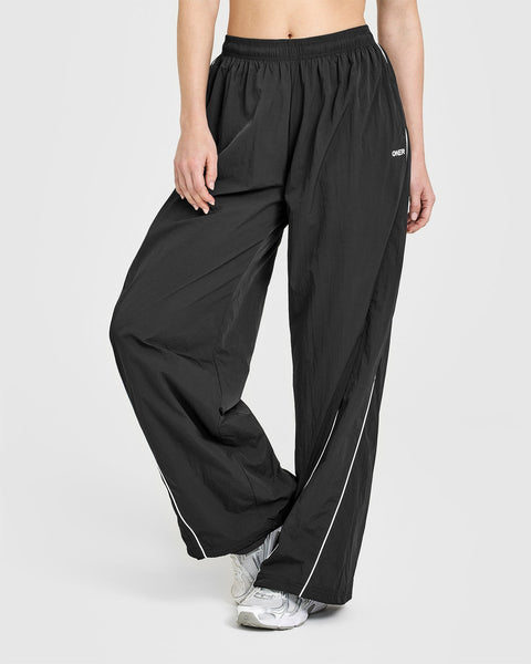 Oversized Piped Woven Straight Leg Track Bottoms in Soft Black