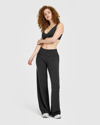 SoftMotion™ Fold Over Straight Leg Bottoms with White Logo | Soft Black