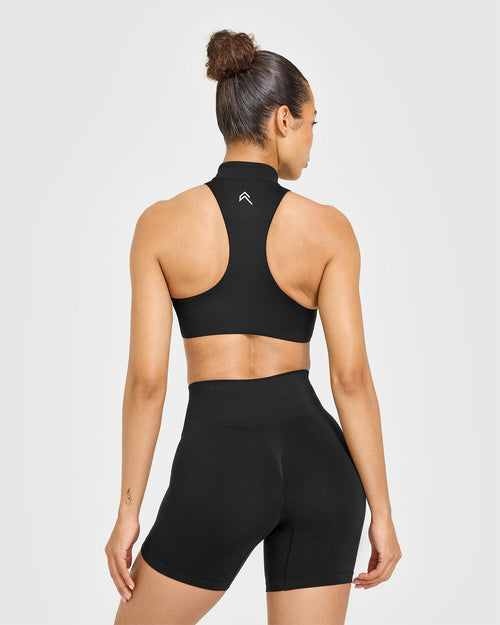 EasyLift™ Zip High Neck Sports Bra with White Logo | Black